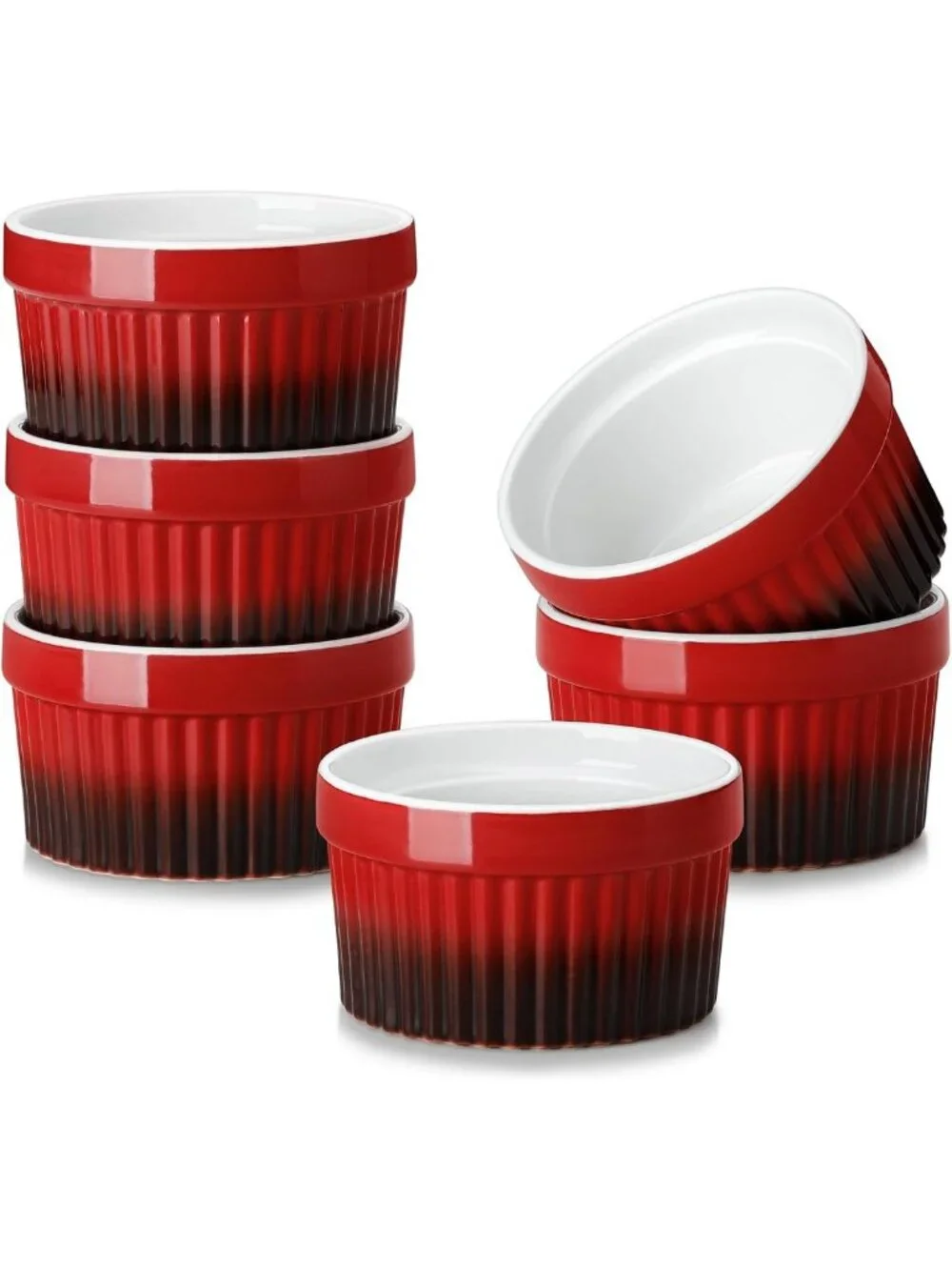 Set of 6 Oven Safe Ceramic Ramekins - Red Soufflé Dishes for Baking, Dipping